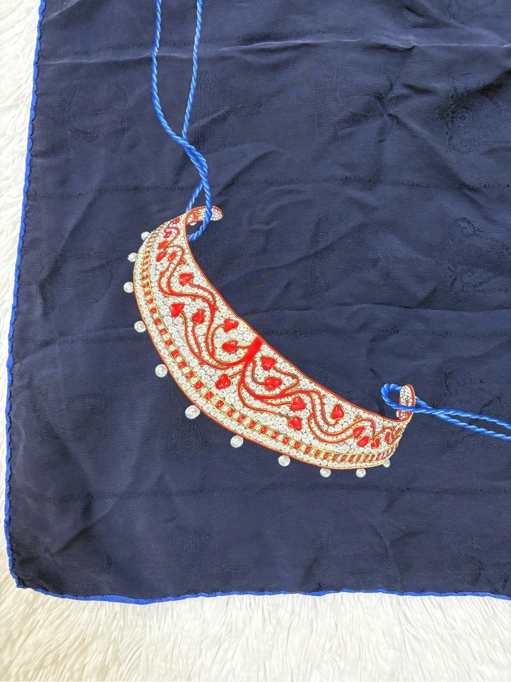 Navy Silk Scarf with Rope and Dot Print